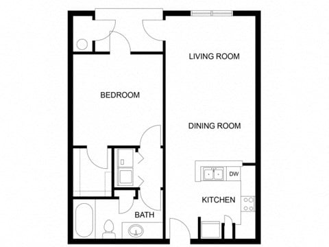 Floor plan for 1 bed, 1 bath, 726 sqft